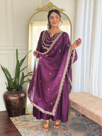 Women’s Purple Wine Vichitra Silk Kurta Set with Sequin & Coding Embroidery Work