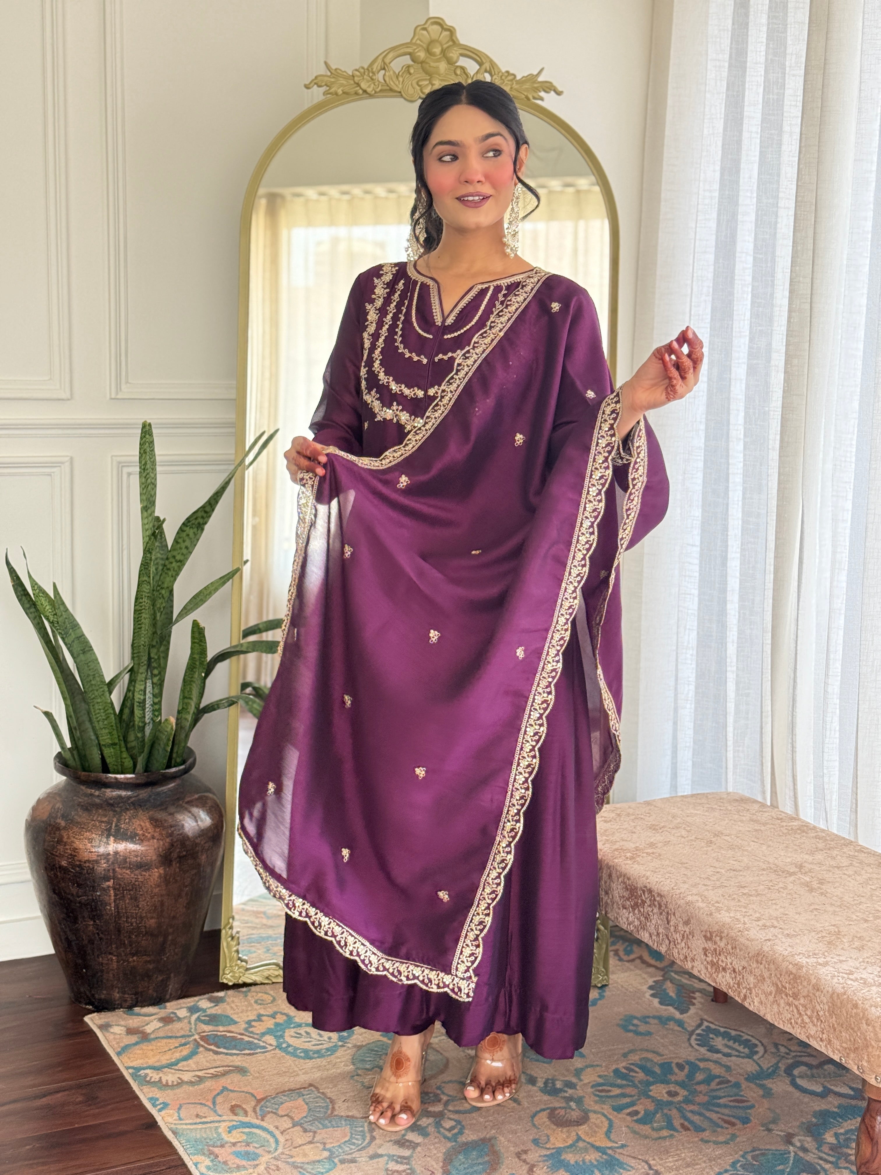 Women’s Purple Wine Vichitra Silk Kurta Set with Sequin & Coding Embroidery Work
