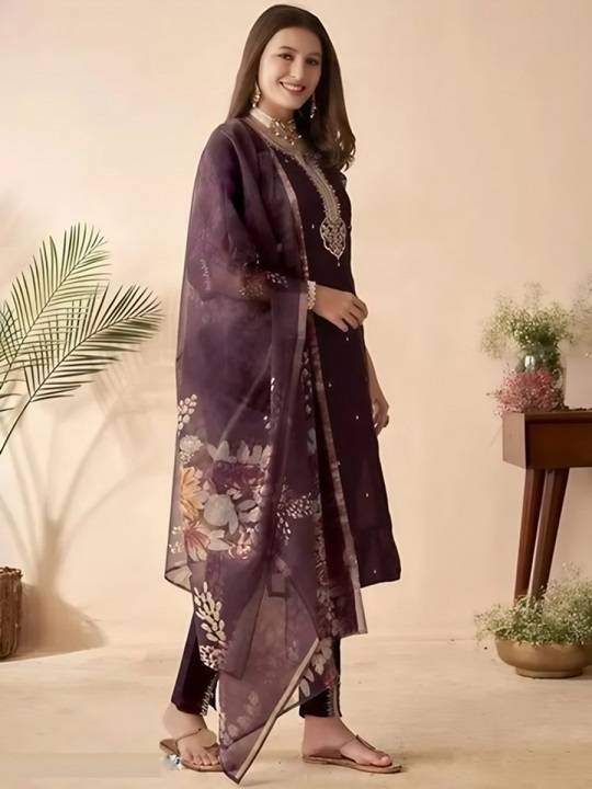 Women’s Purple Embroidered Chanderi Kurta Set with Bottom & Tissue Dupatta