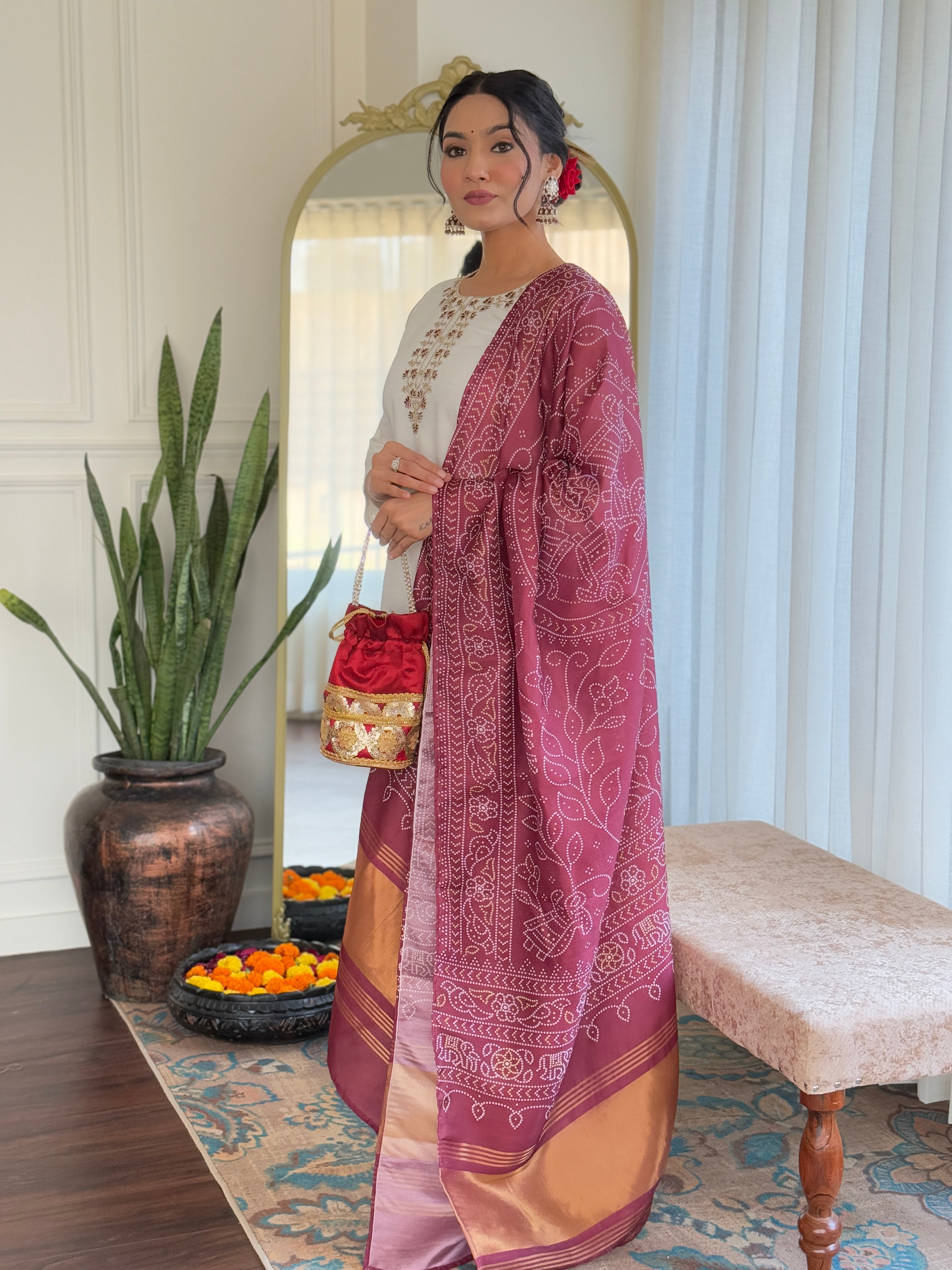Women’s White Viscose Chanderi Kurta Set with Sequin & Coding Embroidery Work