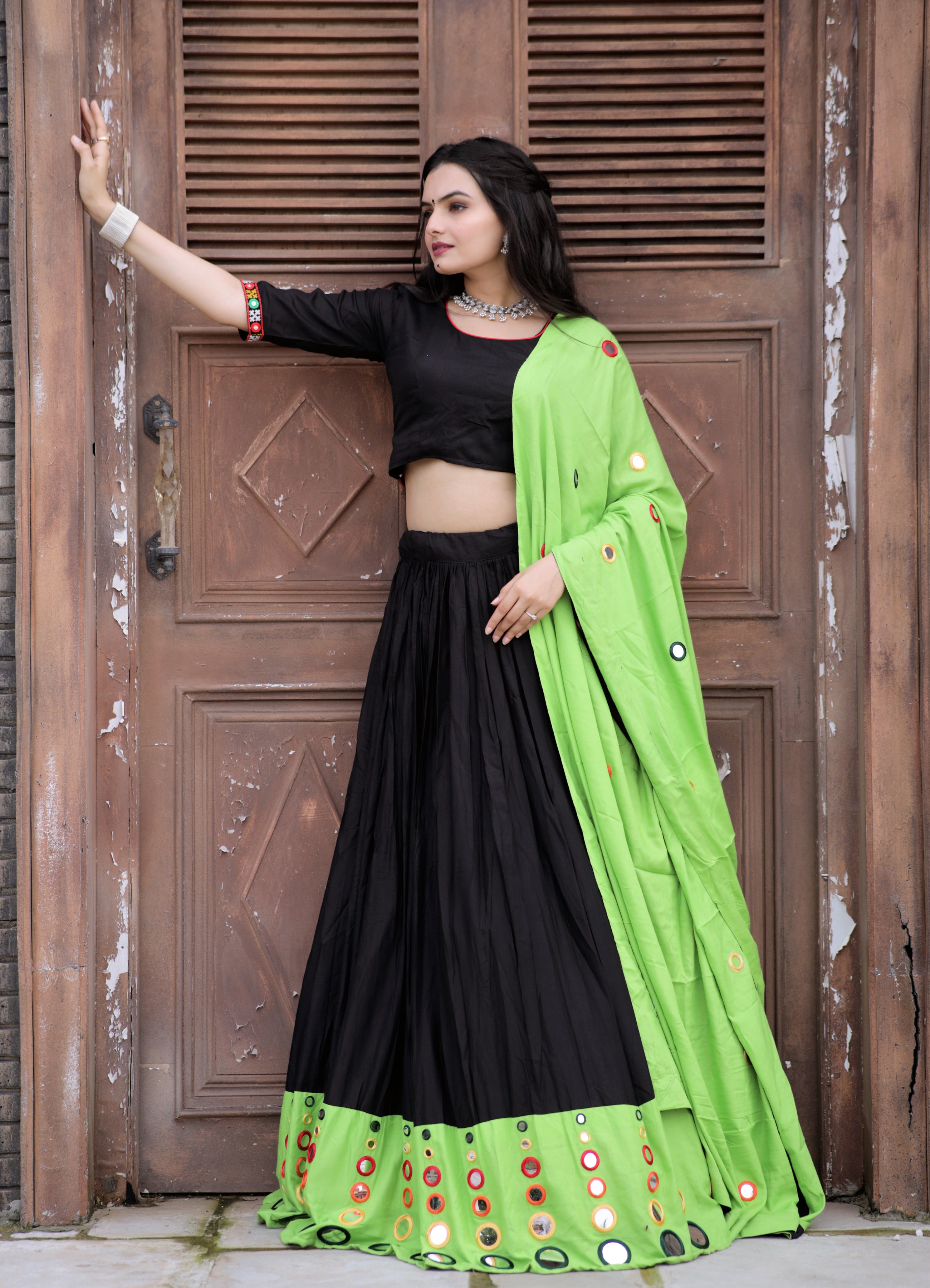 Black Reyon Mirror Work Lehenga Choli Set | Full-Stitched Lehenga & Blouse with Dupatta