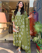 Women’s Green Ethnic Rayon Kurta Set with Embroidery & Printed Cotton Dupatta
