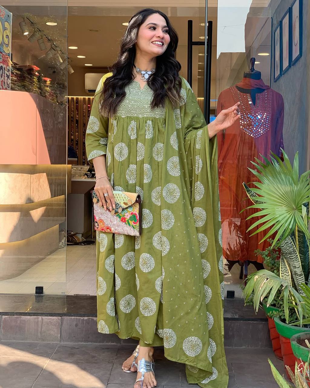 Women’s Green Ethnic Rayon Kurta Set with Embroidery & Printed Cotton Dupatta