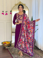Women’s Purple Pure Viscose Chanderi Kurta Set with Sequin & Coding Embroidery