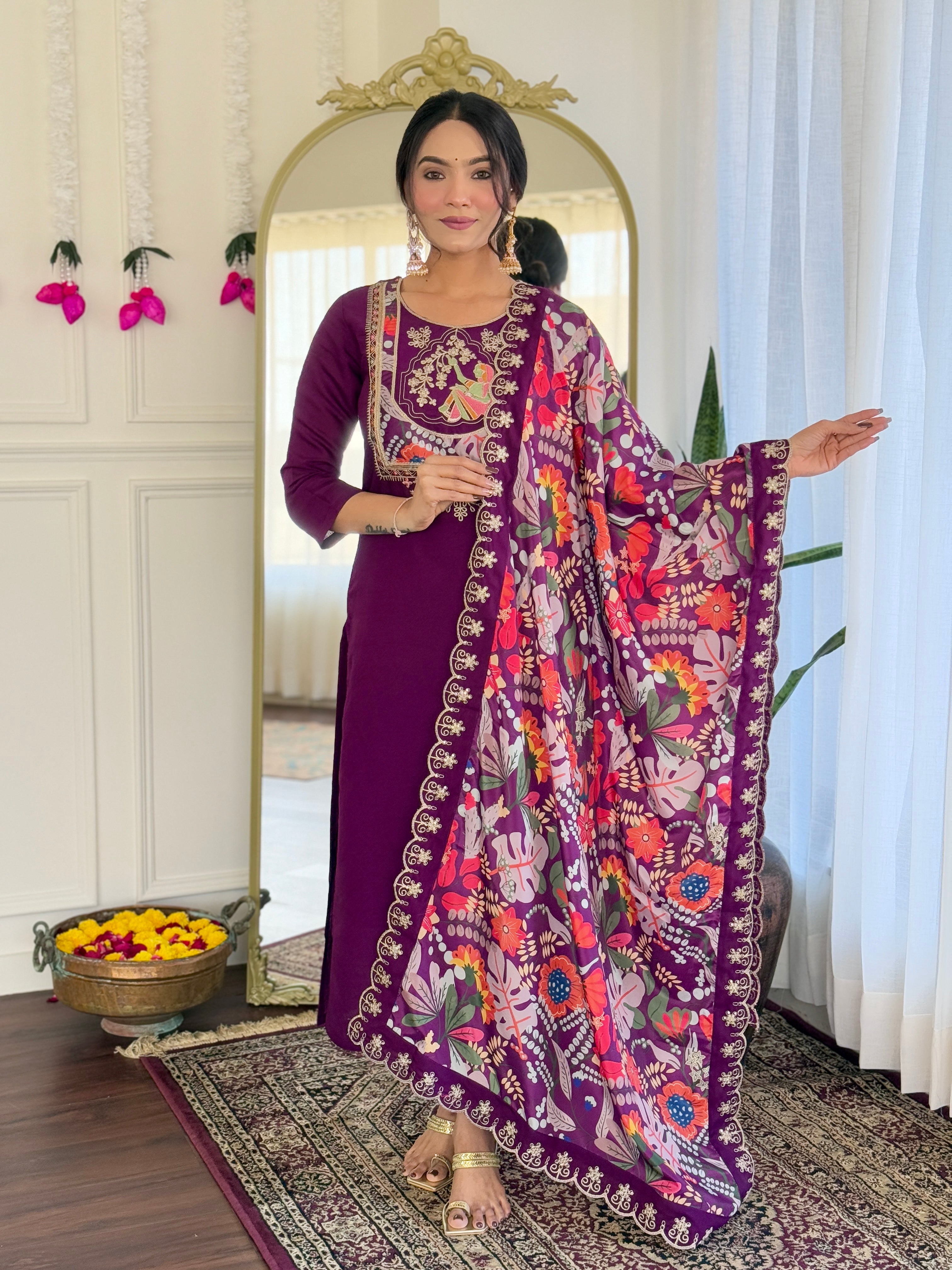 Women’s Purple Pure Viscose Chanderi Kurta Set with Sequin & Coding Embroidery