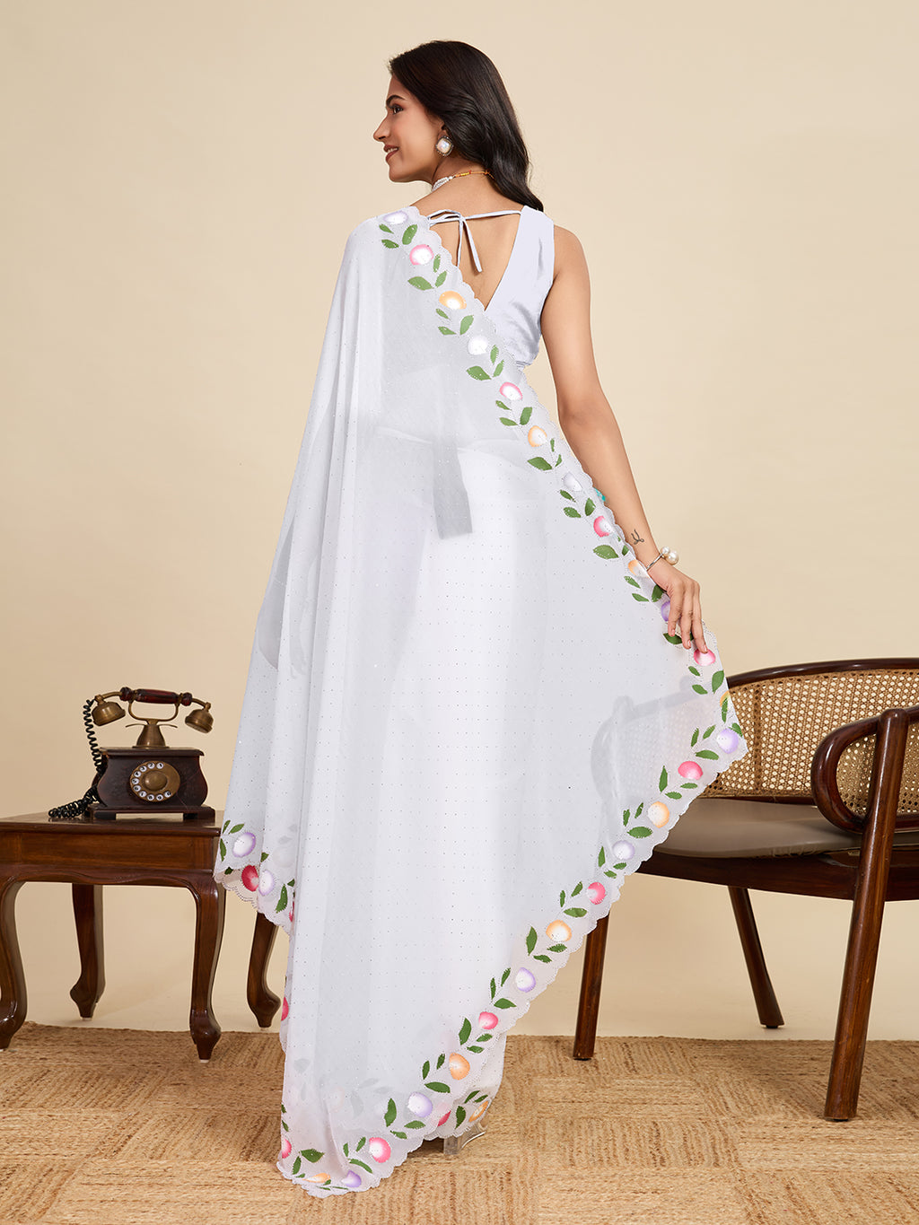 White Georgette Soft Saree with Floral Brush Print & Intricate Border – Elegant Pastel Saree for Festive & Daily Wear
