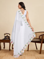 White Georgette Soft Saree with Floral Brush Print & Intricate Border – Elegant Pastel Saree for Festive & Daily Wear