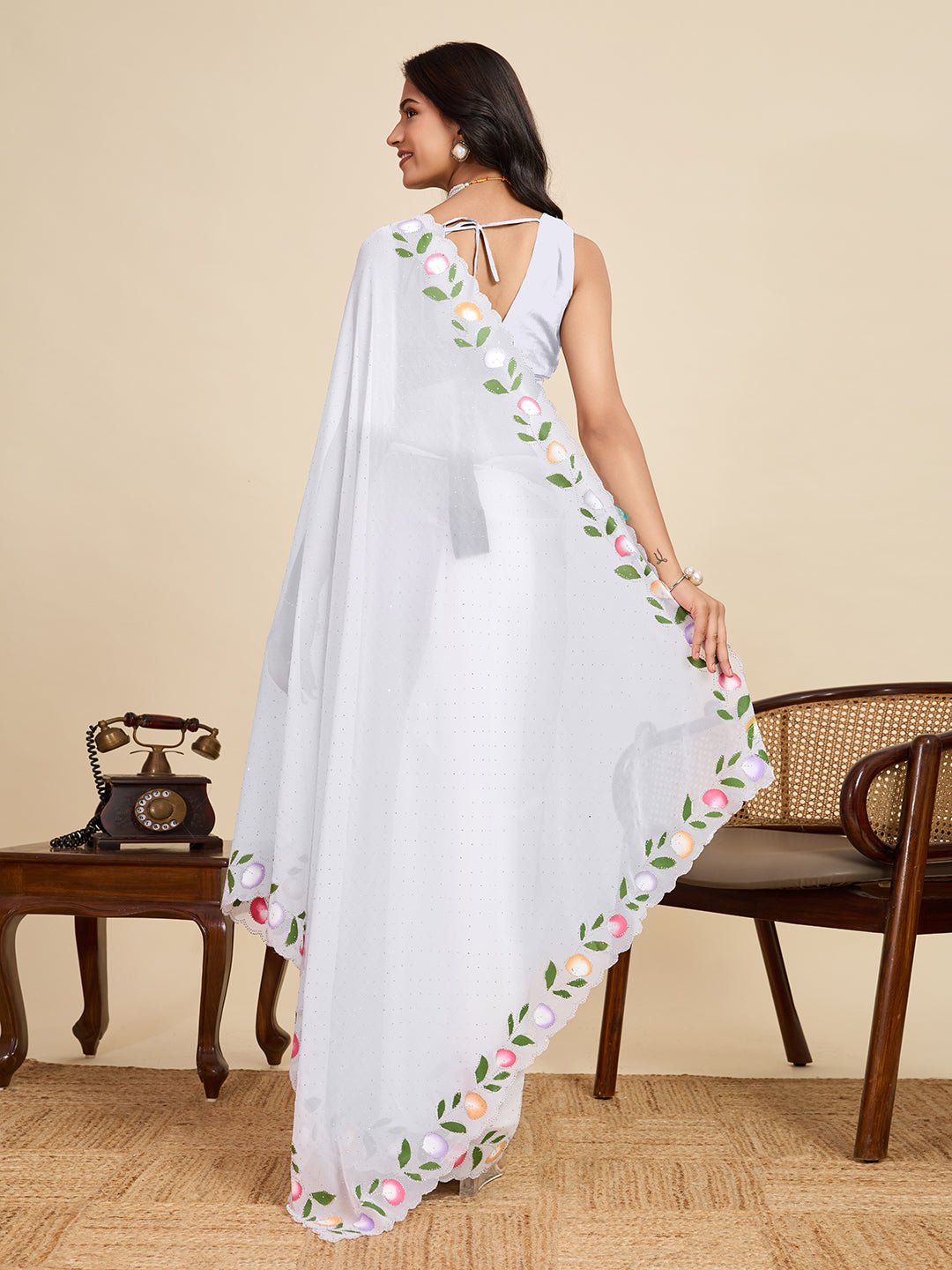 White Georgette Soft Saree with Floral Brush Print & Intricate Border – Elegant Pastel Saree for Festive & Daily Wear