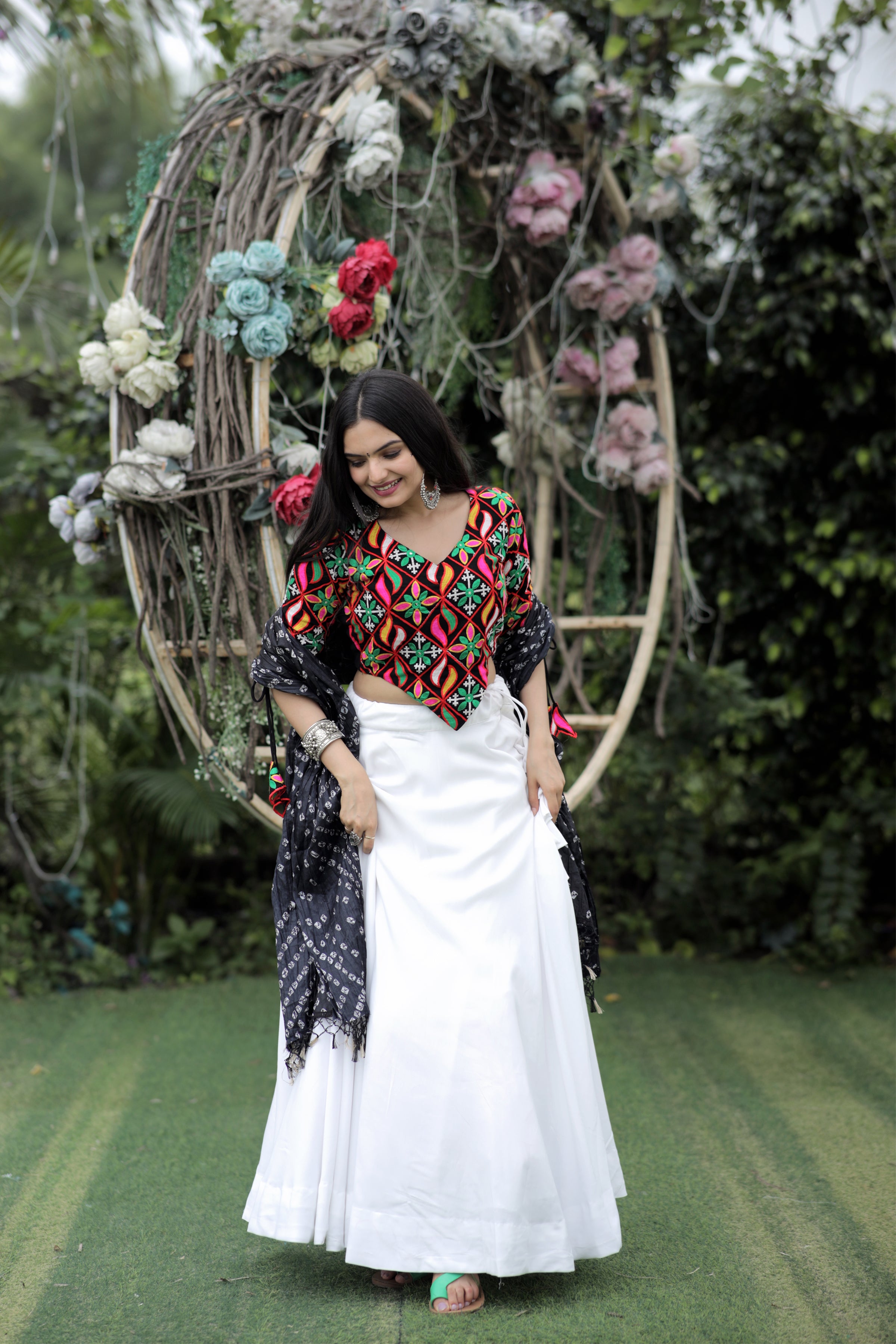 Premium Frolic Cotton White&Black Lehenga Choli Set with Embroidered Georgette Blouse & Bandhej Chinnon Dupatta | Full-Stitched | Size 38-44