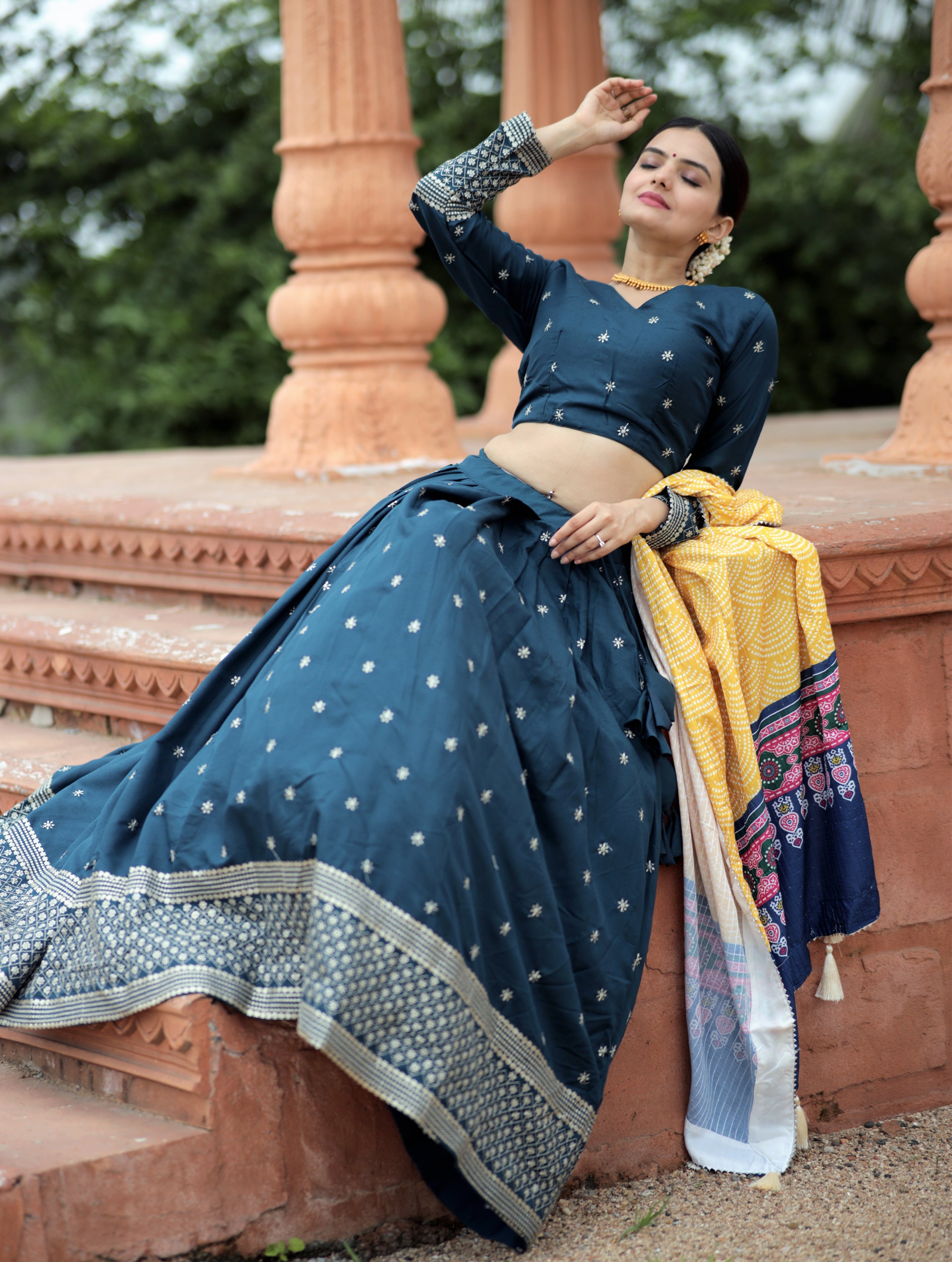 Mayra Silk Embroidered Blue Lehenga Choli Set with Digital Printed Maslin Dupatta | Full-Stitched Lehenga