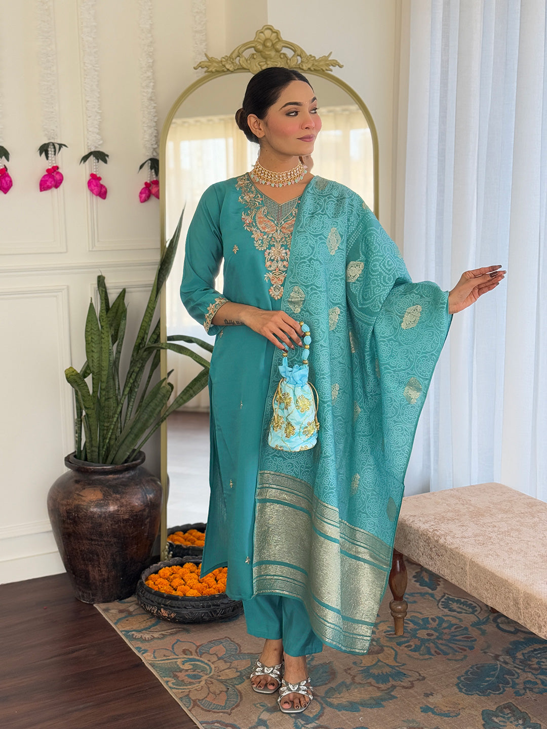 Women’s Teal Pure Viscose Chanderi Kurta Set with Sequin Embroidery Work