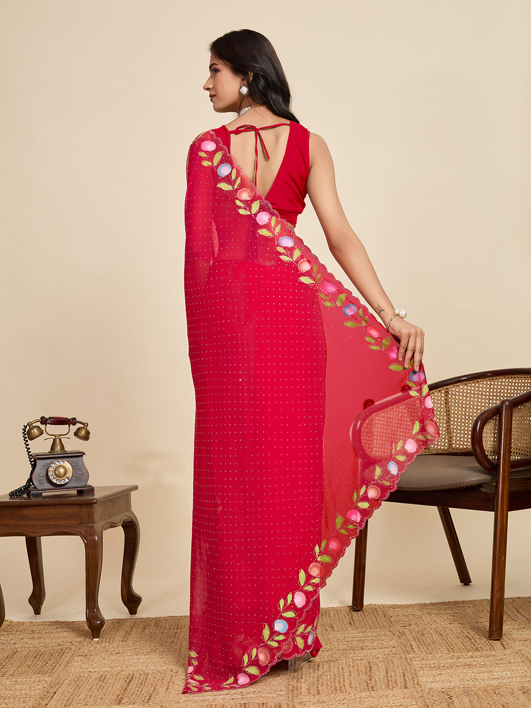 Red Georgette Soft Saree with Floral Brush Print & Intricate Border – Elegant Pastel Saree for Festive & Daily Wear