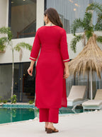 Stylish Red Embroidered Rayon Slub Kurti Set with Organza Dupatta – Sizes S to 2XL