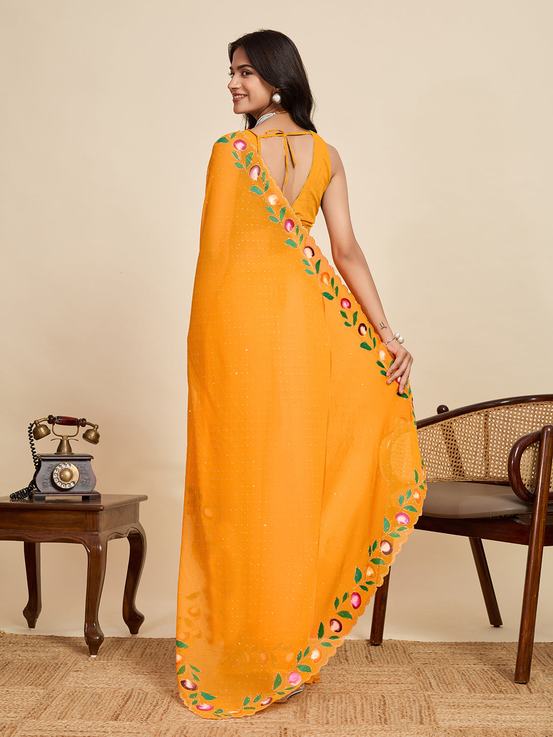 Mustard Georgette Soft Saree with Floral Brush Print & Intricate Border – Elegant Pastel Saree for Festive & Daily Wear