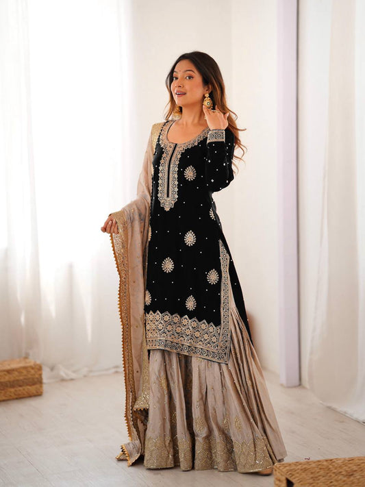 Black Chinnon Silk Embroidered Kurta Set With Sharara & Dupatta