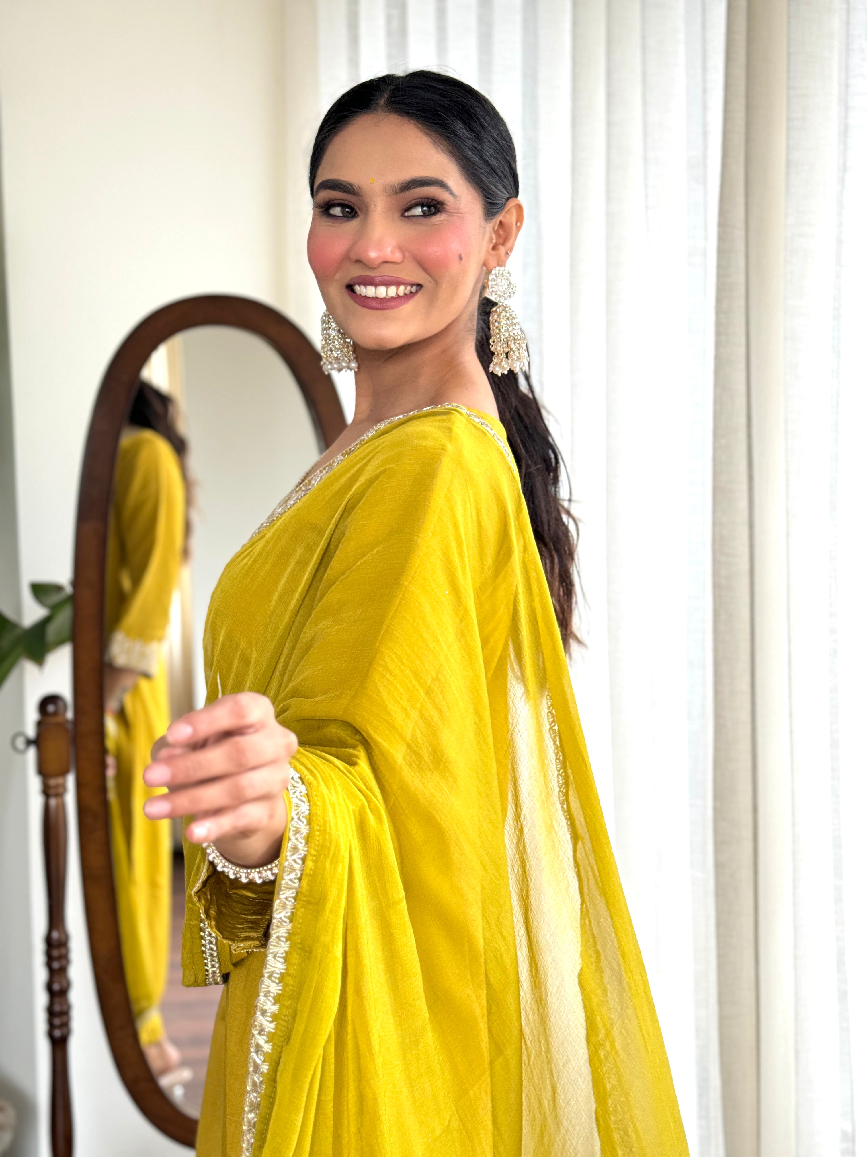 Women’s Yellow Pure Viscose Chanderi Silk Kurta Set with Sequin & Coding Embroidery