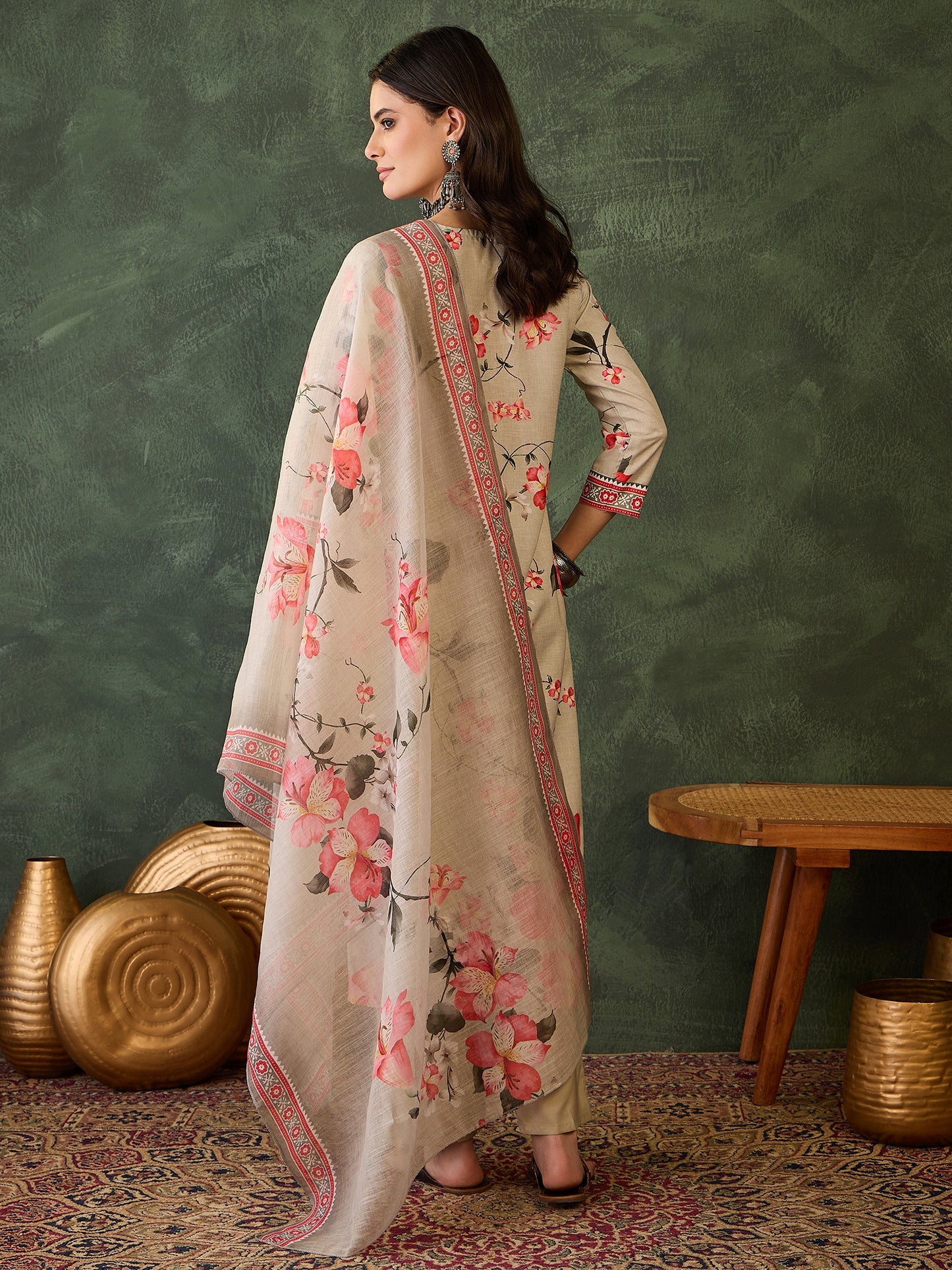 Cream Floral Printed Kurta Set with Dupatta