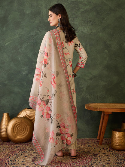 Cream Floral Printed Kurta Set with Dupatta