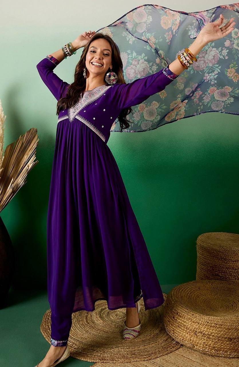Women’s Purple Blooming Georgette Kurta Set with Sequin Embroidery Work