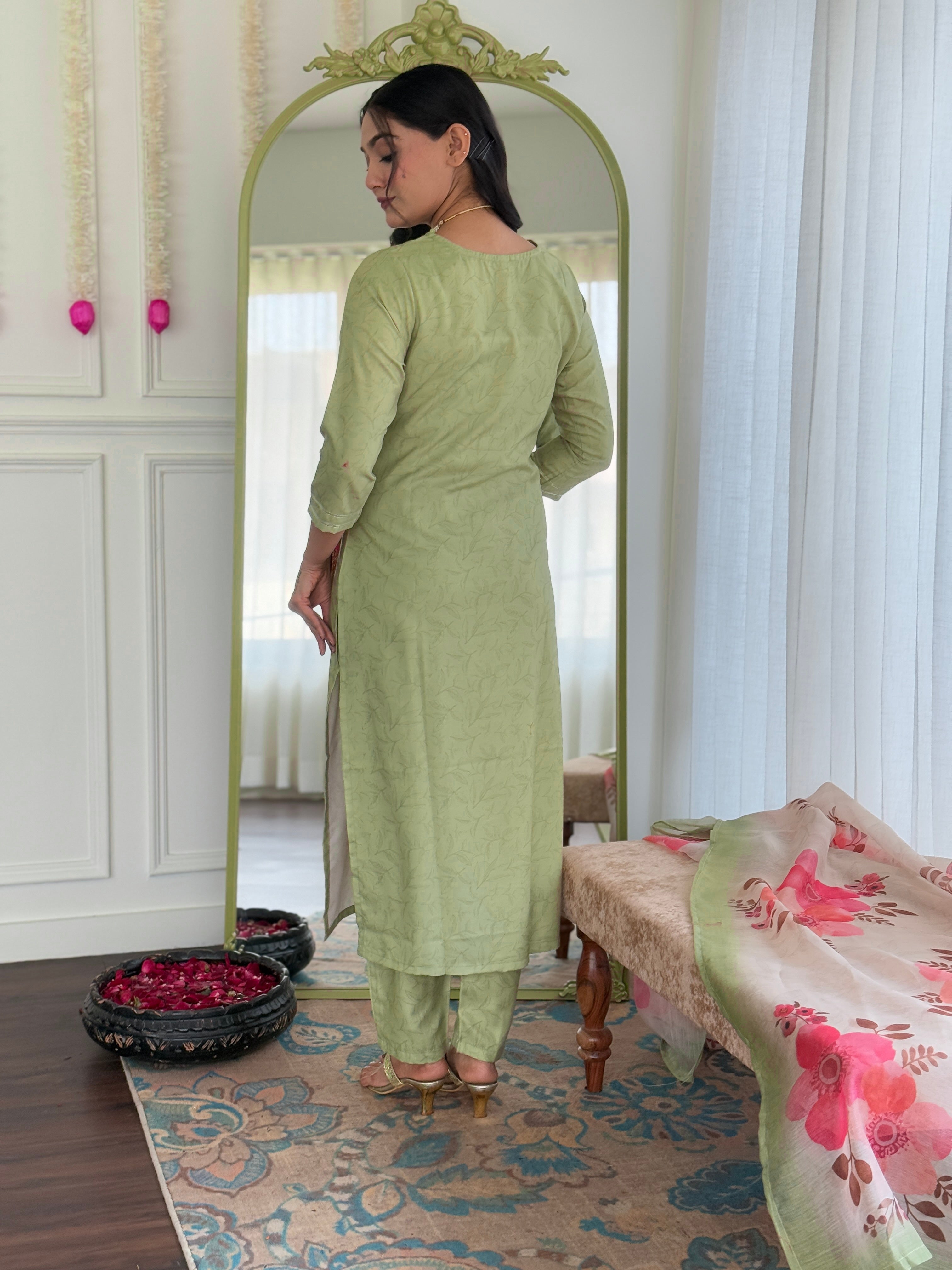 Pista Green Embroidered Rayon Kurti Set with Chanderi Dupatta – Sizes S to 2XL