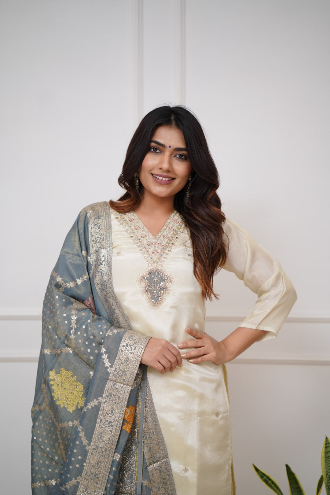 Women’s Off White Designer Chanderi Silk Kurta Set with Fine Embroidery
