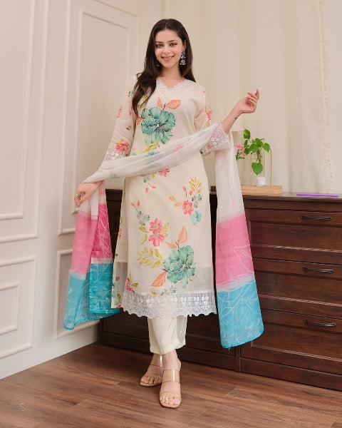 Women’s Beige Ethnic Nylon Tabby Set Adorned with Sequin Embroidery
