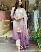 Women’s Lavender Pure Organza Tabby Suit with Sequin & Coding Embroidery Work