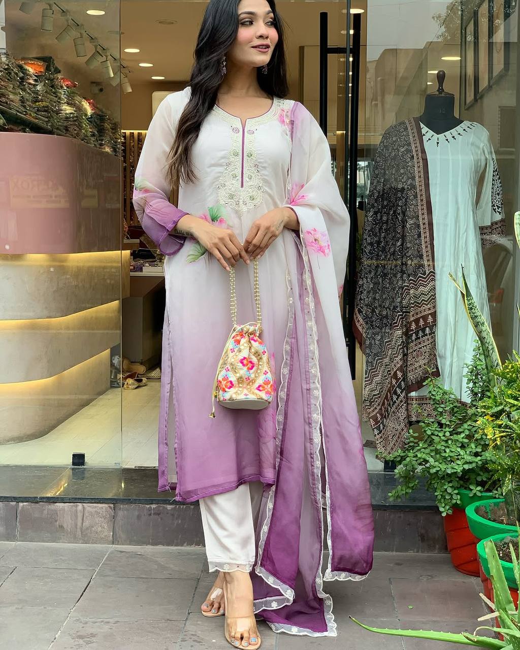 Women’s Lavender Pure Organza Tabby Suit with Sequin & Coding Embroidery Work