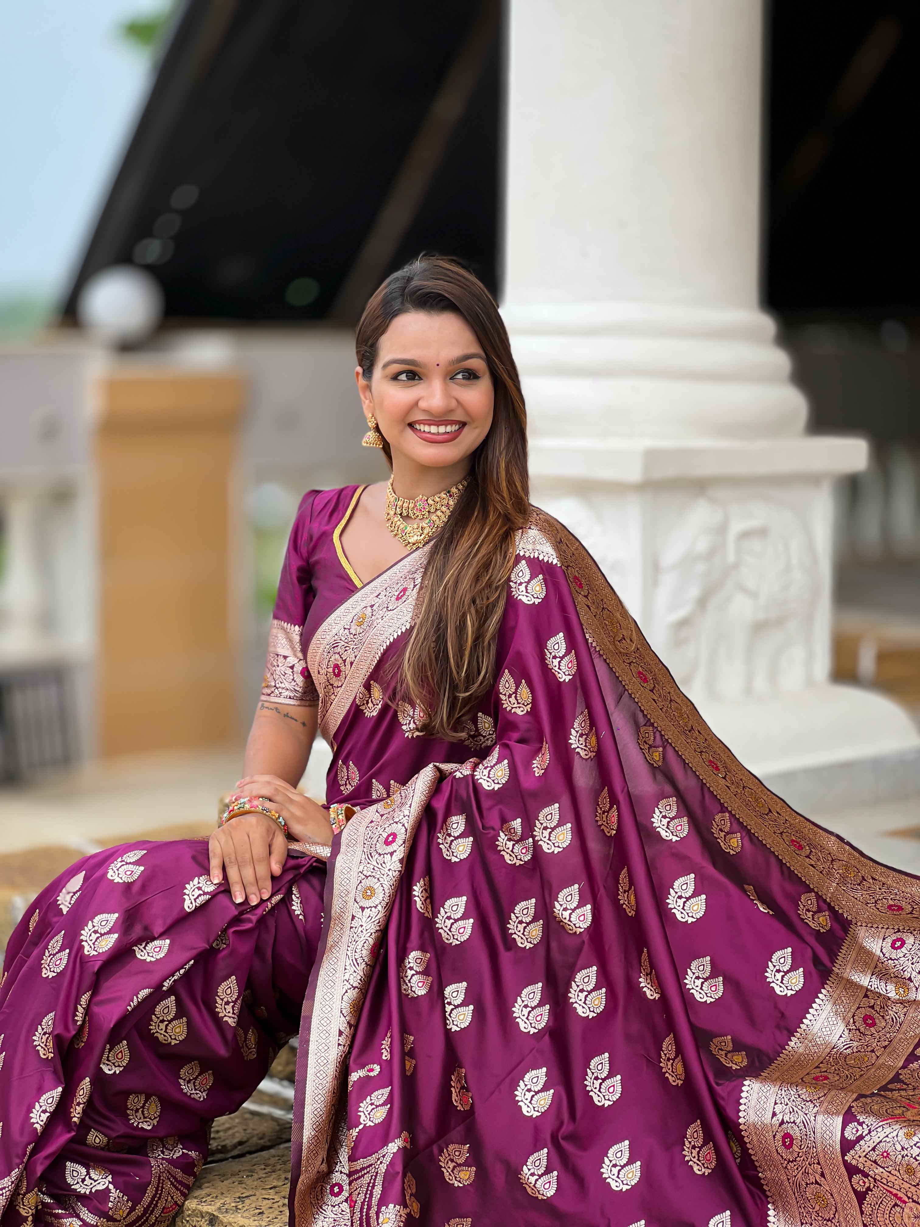 Wine Soft Banarasi Silk Saree with Meenakari Zari Work & Rich Pallu Design
