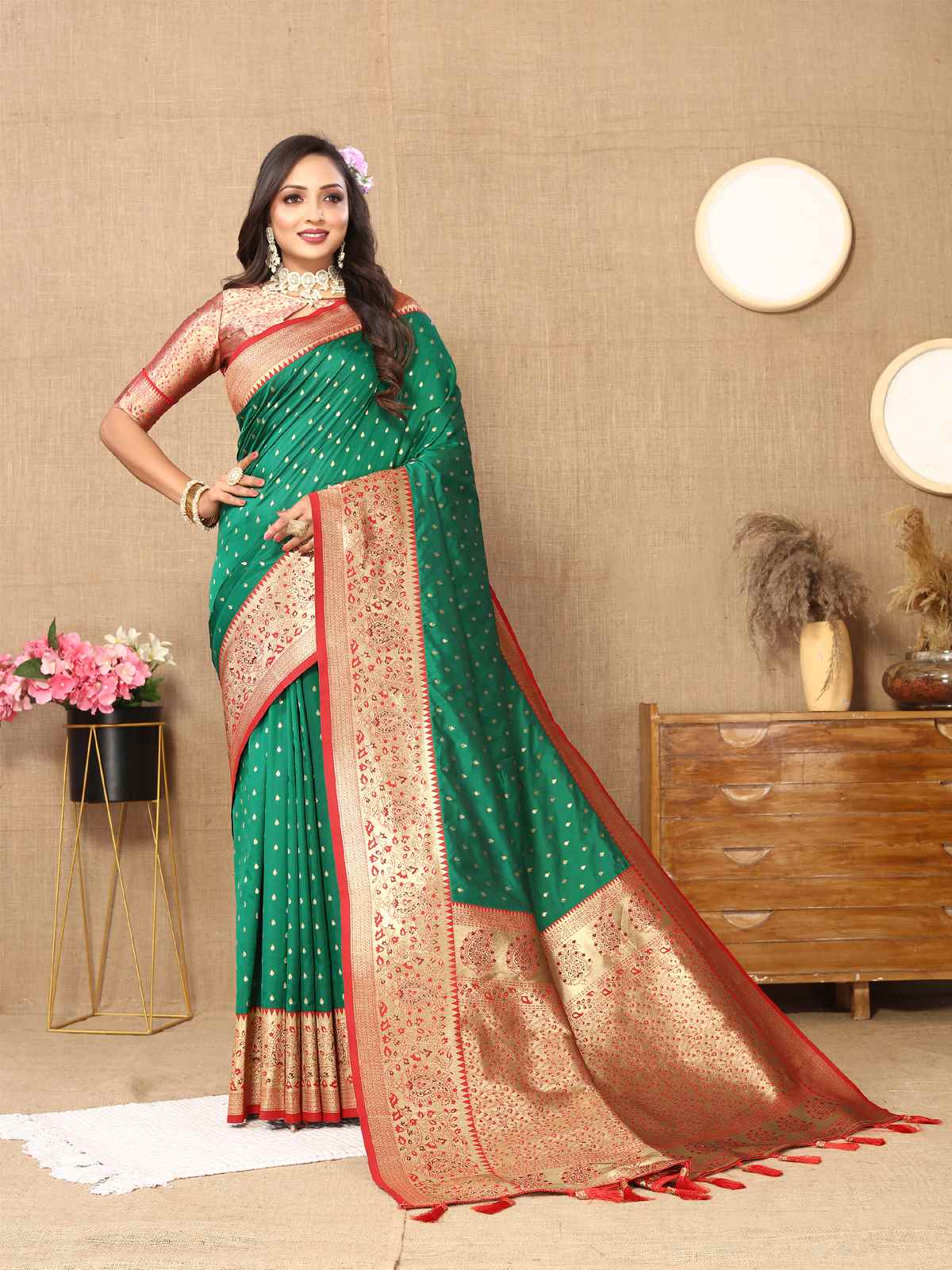 Green Soft Silk Saree with All-Over Zari Motifs, Contrast Rich Pallu & Brocade Blouse