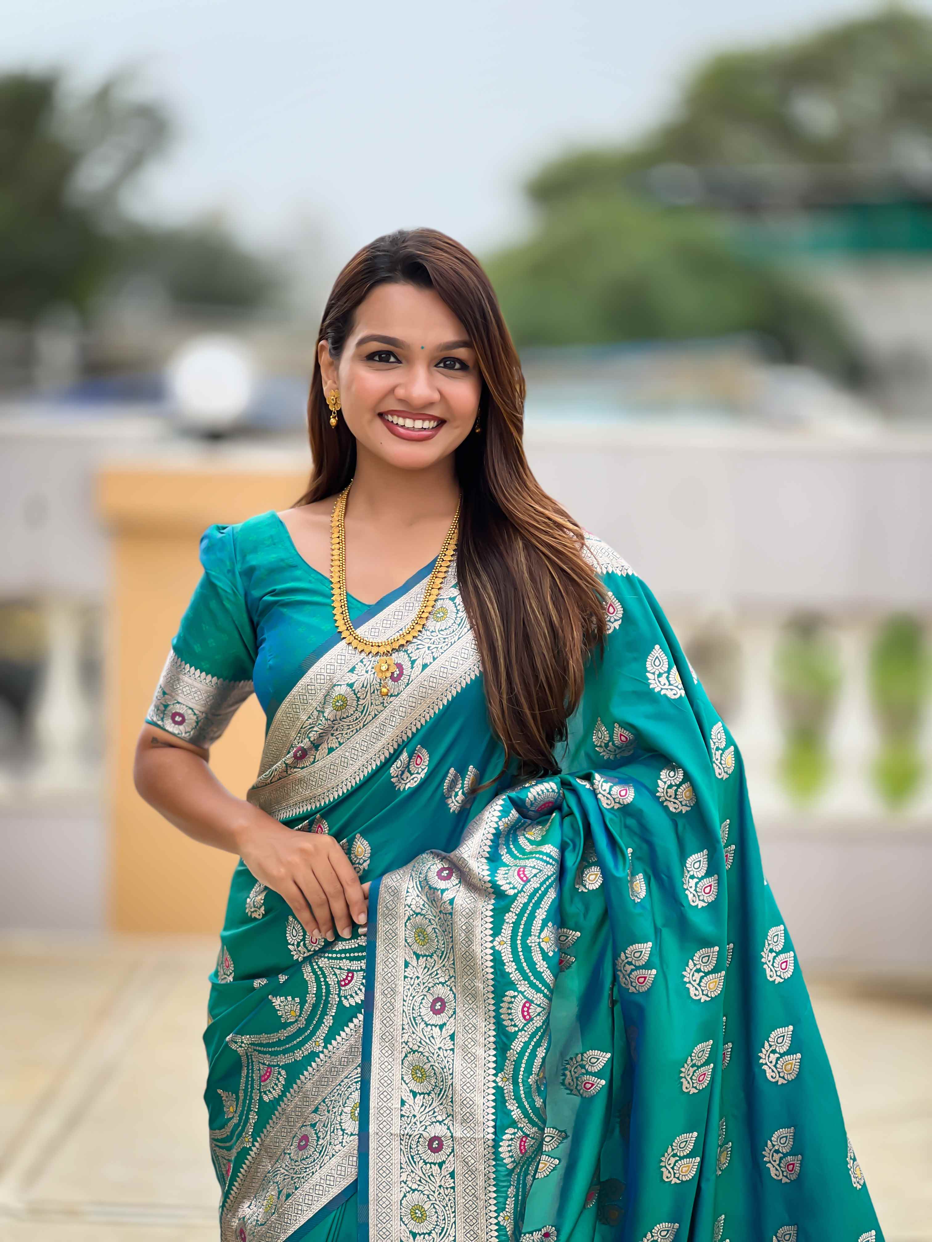 Sky Blue Soft Banarasi Silk Saree with Meenakari Zari Work & Rich Pallu Design