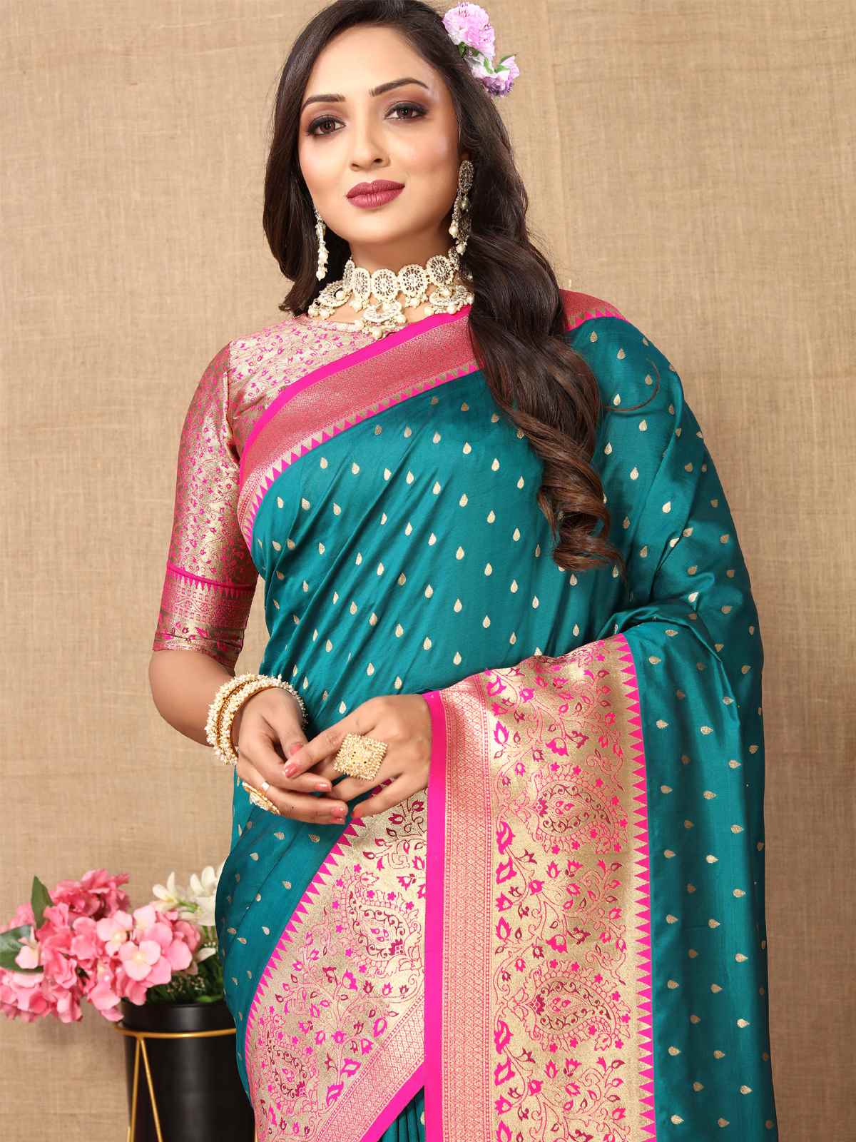 Rama Soft Silk Saree with All-Over Zari Motifs, Contrast Rich Pallu & Brocade Blouse