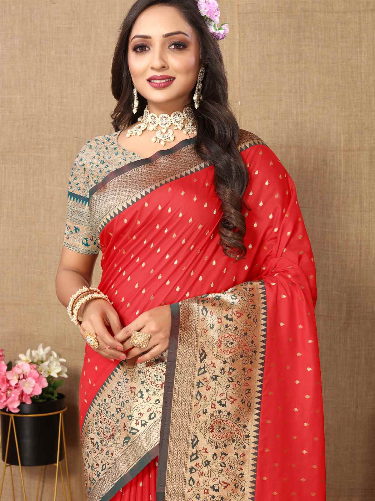 Red Soft Silk Saree with All-Over Zari Motifs, Contrast Rich Pallu & Brocade Blouse