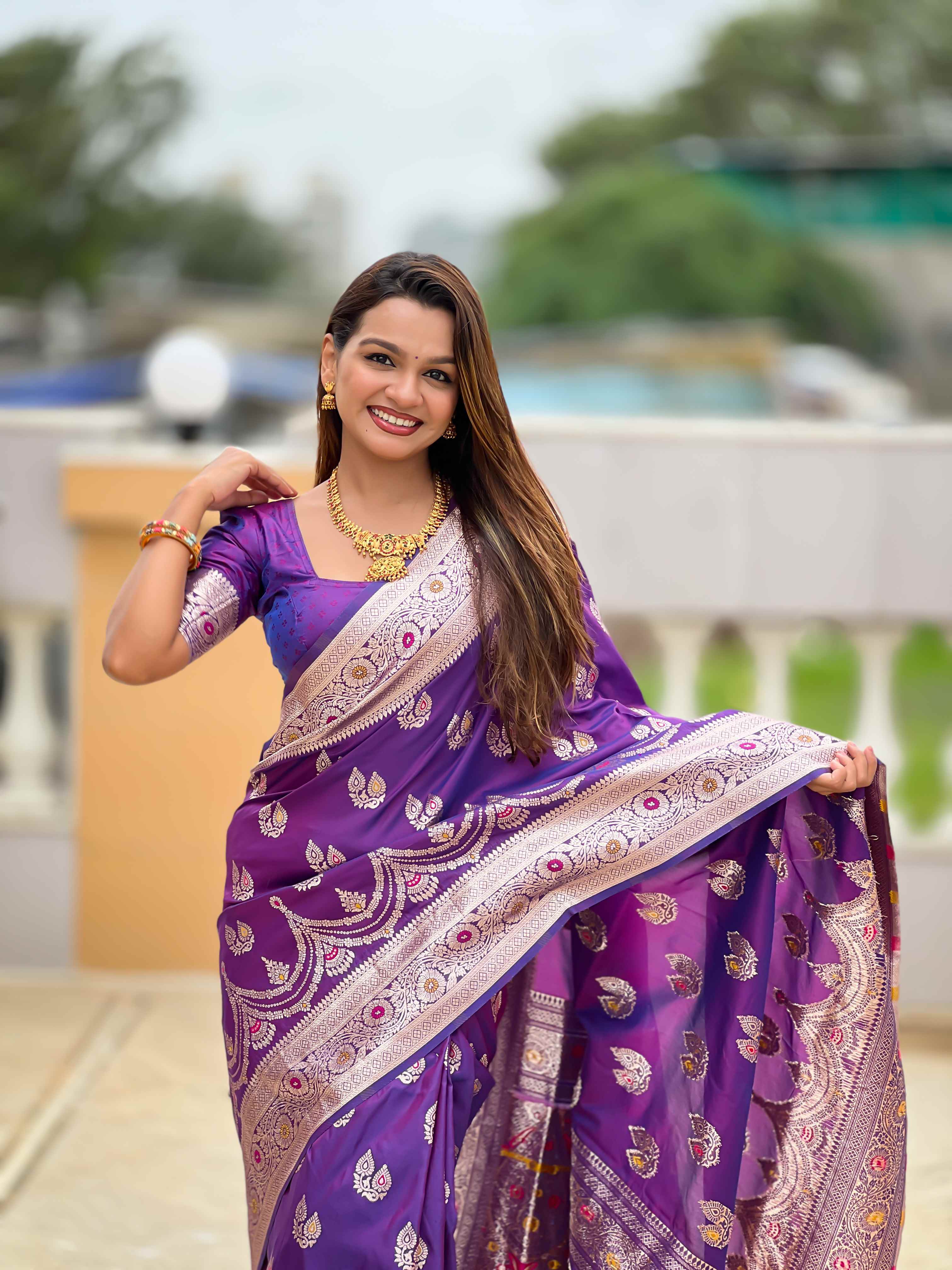 Purple Soft Banarasi Silk Saree with Meenakari Zari Work & Rich Pallu Design