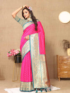 Rani Pink Soft Silk Saree with All-Over Zari Motifs, Contrast Rich Pallu & Brocade Blouse