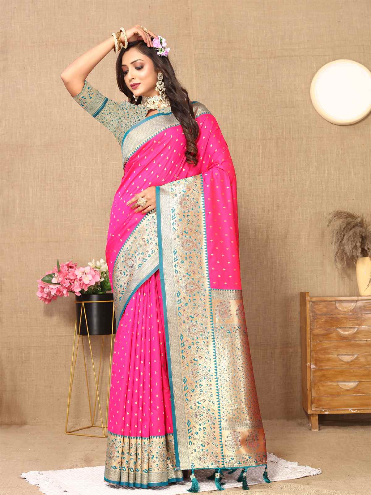 Rani Pink Soft Silk Saree with All-Over Zari Motifs, Contrast Rich Pallu & Brocade Blouse