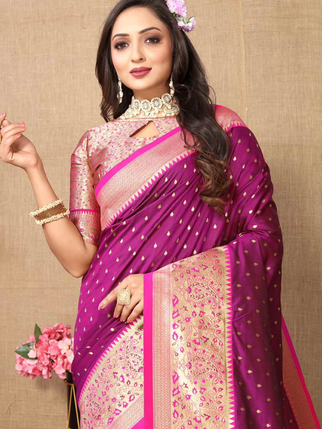 Wine Soft Silk Saree with All-Over Zari Motifs, Contrast Rich Pallu & Brocade Blouse