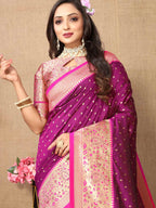 Wine Soft Silk Saree with All-Over Zari Motifs, Contrast Rich Pallu & Brocade Blouse