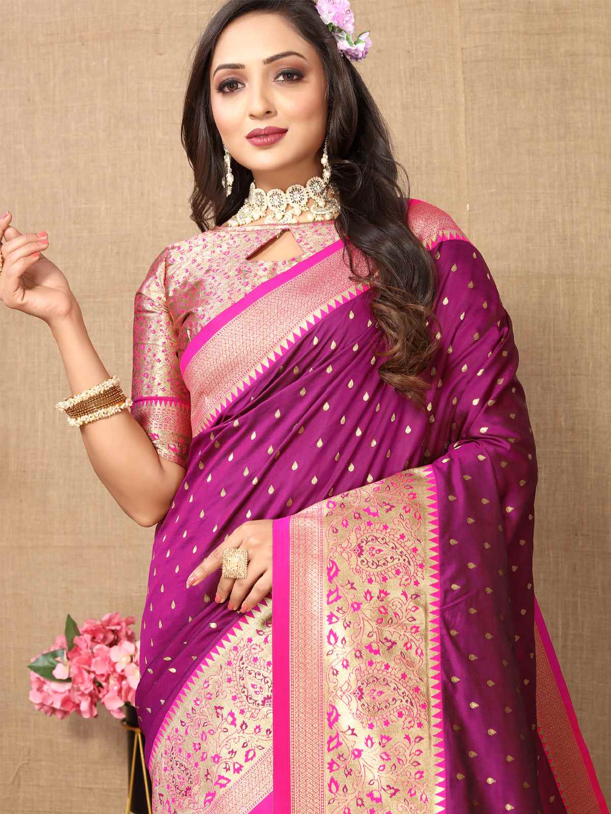 Wine Soft Silk Saree with All-Over Zari Motifs, Contrast Rich Pallu & Brocade Blouse