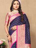 Navy Blue Soft Silk Saree with All-Over Zari Motifs, Contrast Rich Pallu & Brocade Blouse