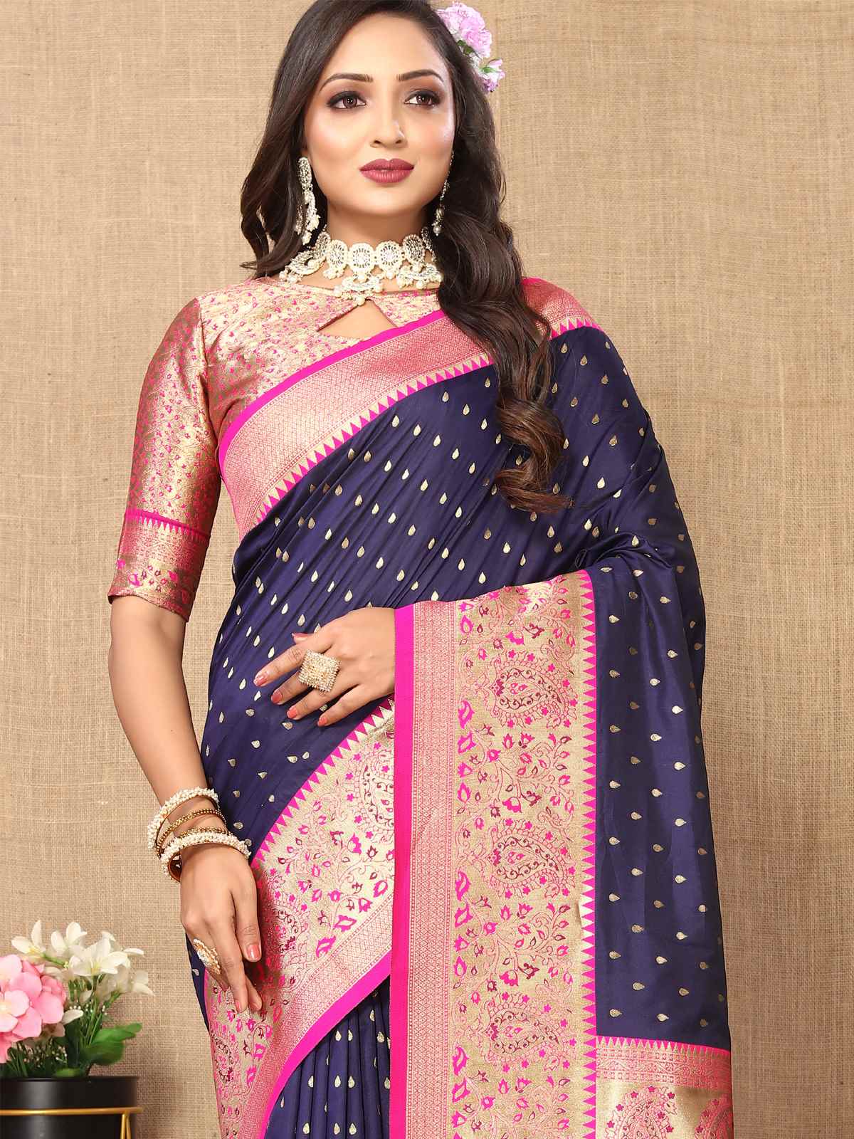 Navy Blue Soft Silk Saree with All-Over Zari Motifs, Contrast Rich Pallu & Brocade Blouse