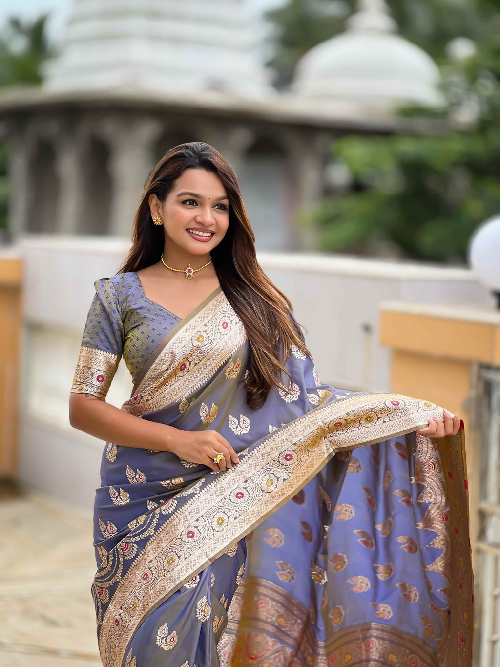 Grey Soft Banarasi Silk Saree with Meenakari Zari Work & Rich Pallu Design