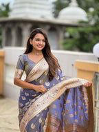 Grey Soft Banarasi Silk Saree with Meenakari Zari Work & Rich Pallu Design