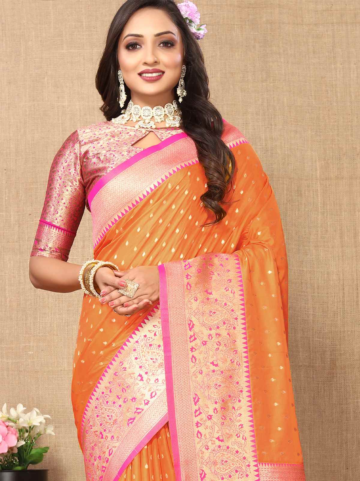 Orange Soft Silk Saree with All-Over Zari Motifs, Contrast Rich Pallu & Brocade Blouse