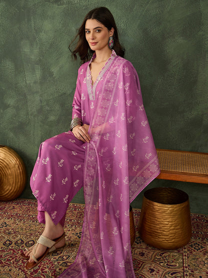 Mauve Printed Kurta Set with Dupatta