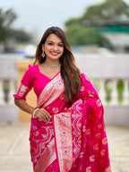 Pink Soft Banarasi Silk Saree with Meenakari Zari Work & Rich Pallu Design
