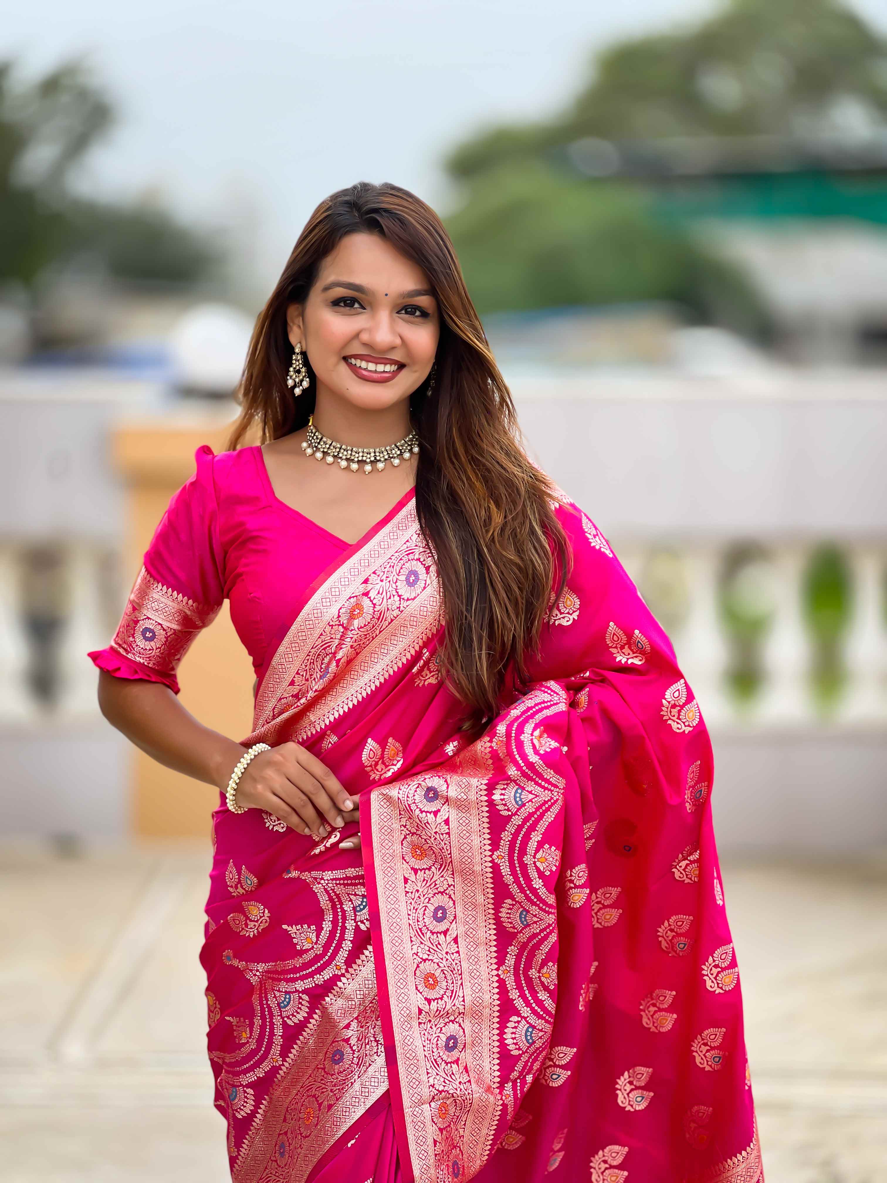 Pink Soft Banarasi Silk Saree with Meenakari Zari Work & Rich Pallu Design