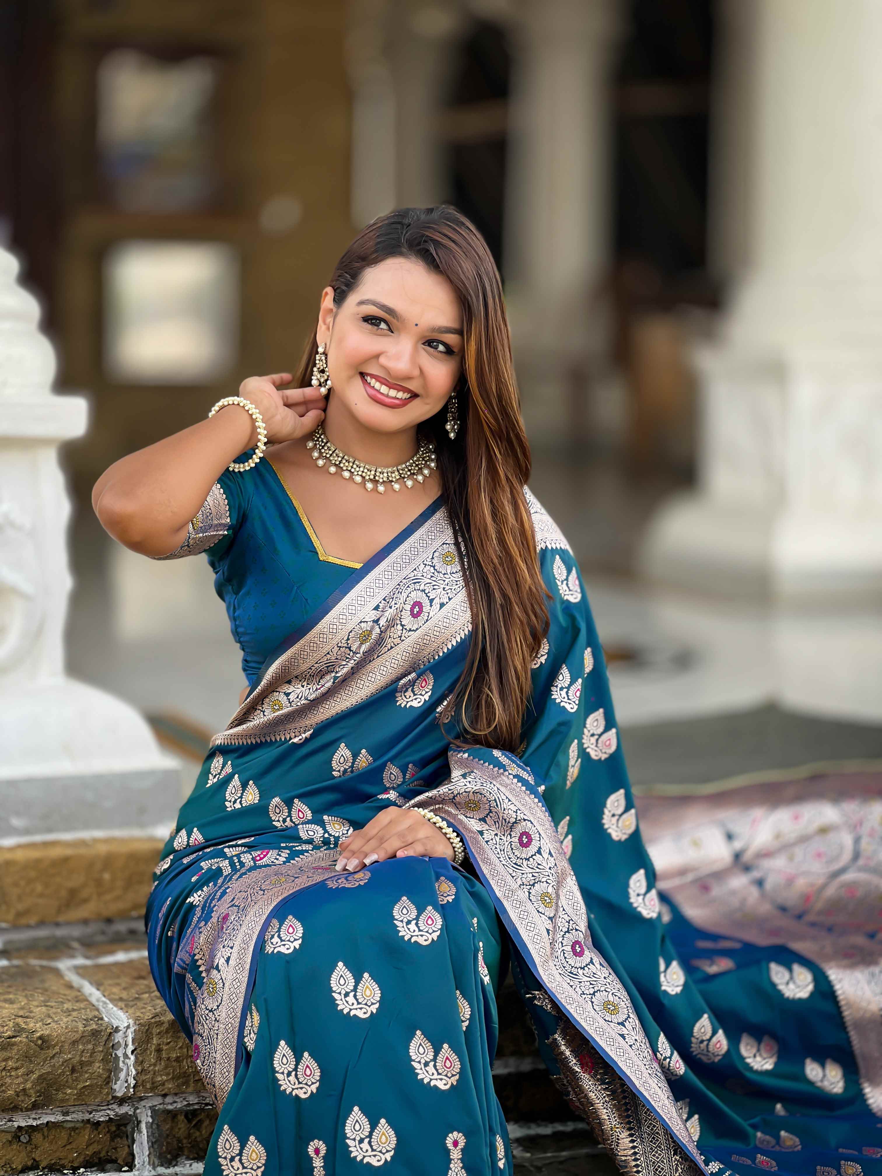 Blue Soft Banarasi Silk Saree with Meenakari Zari Work & Rich Pallu Design