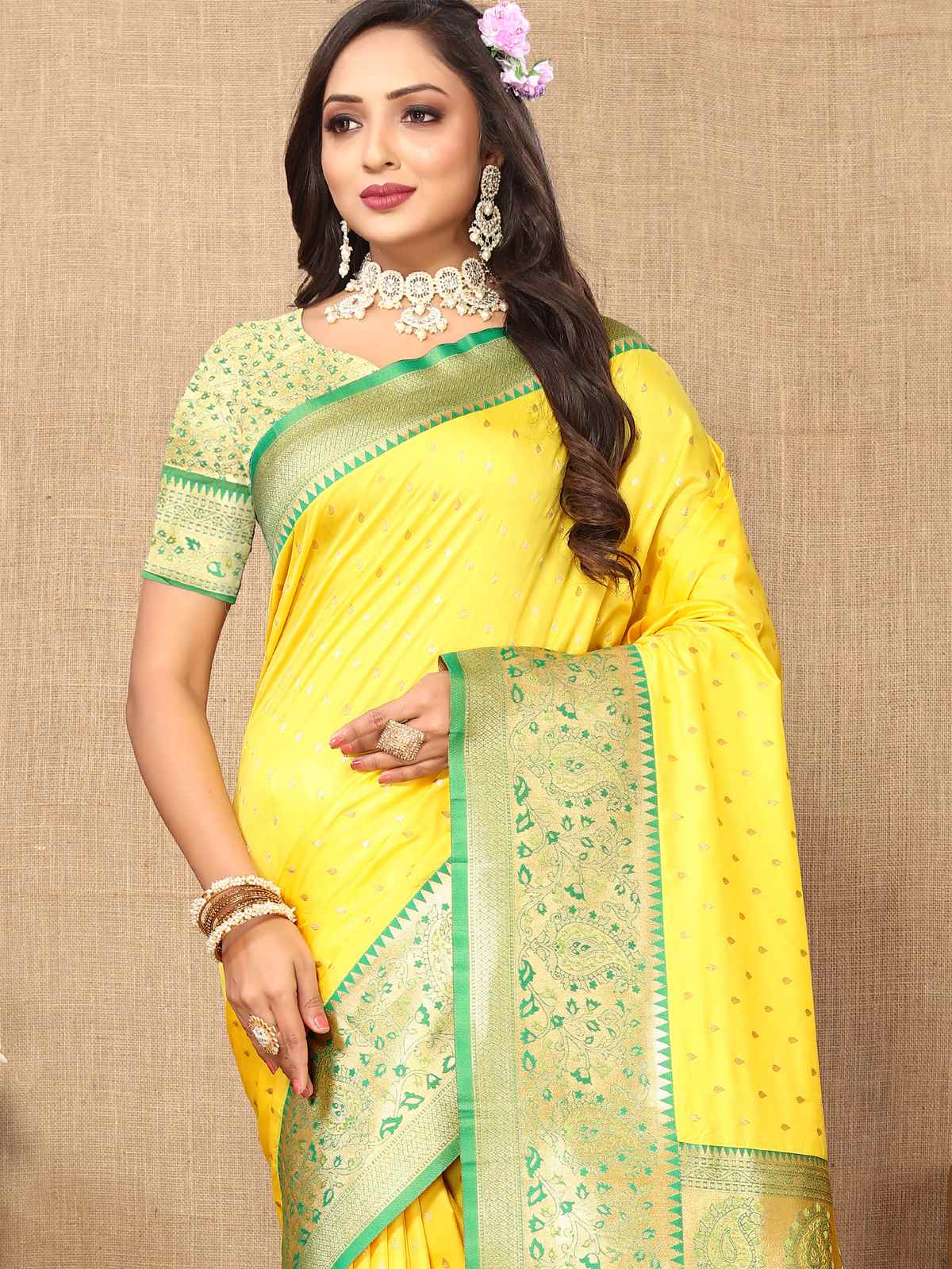 Lemon Yellow Soft Silk Saree with All-Over Zari Motifs, Contrast Rich Pallu & Brocade Blouse