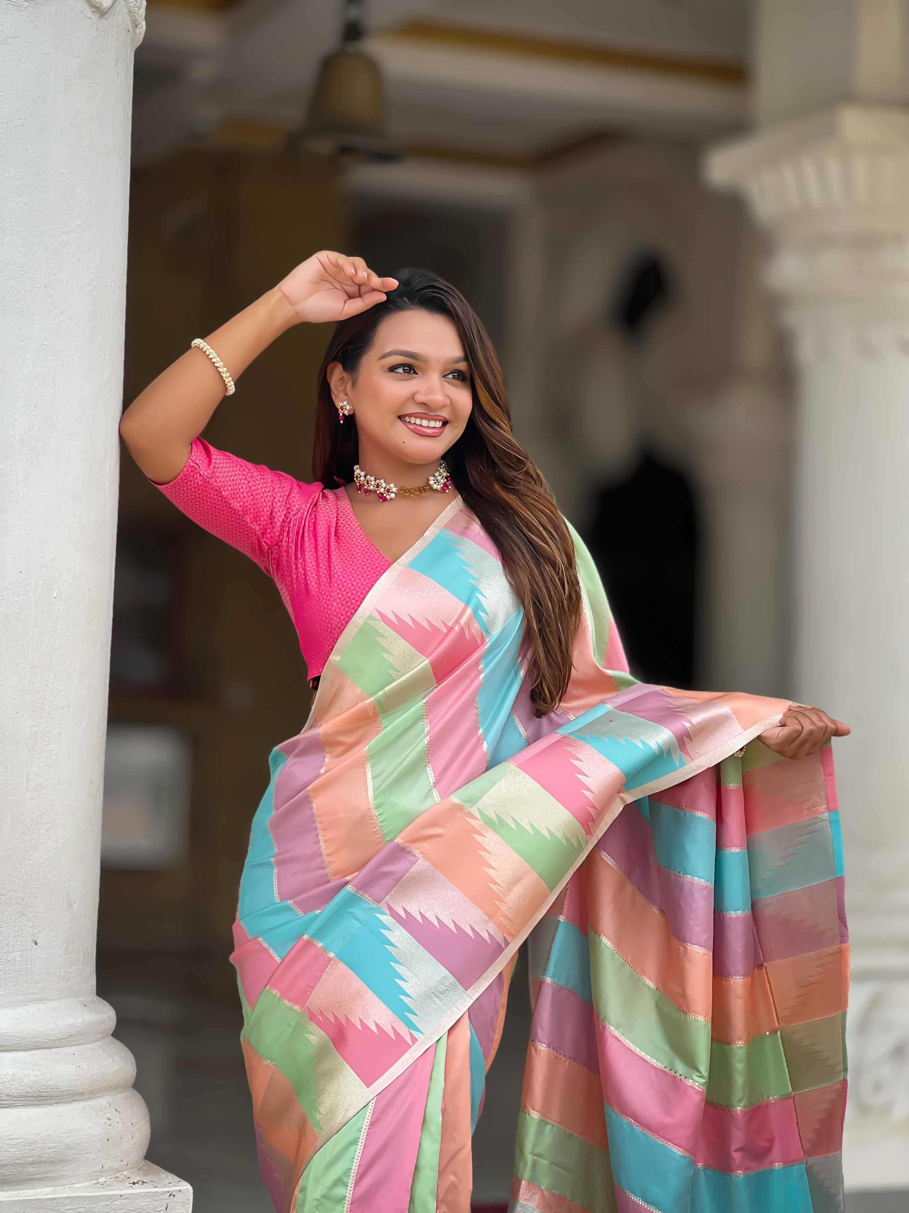 Multi Soft kanjivaram paithani silk saree with zari weaving Meenakari design all over the saree & Meenakari weawing Rich pallu with Meenakari weawing swan border & tessels attached at Pallu End. Blouse :- Soft silk weawing blouse piece